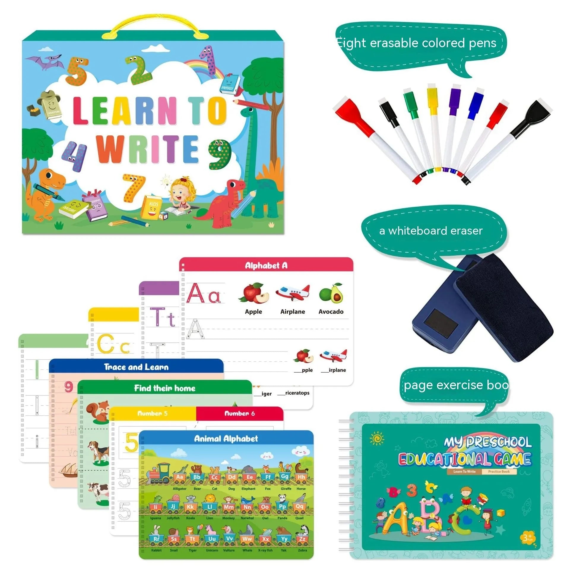 Montessori children's handwriting practice book with wipe-clean pages and 8 coloured pens in gift box