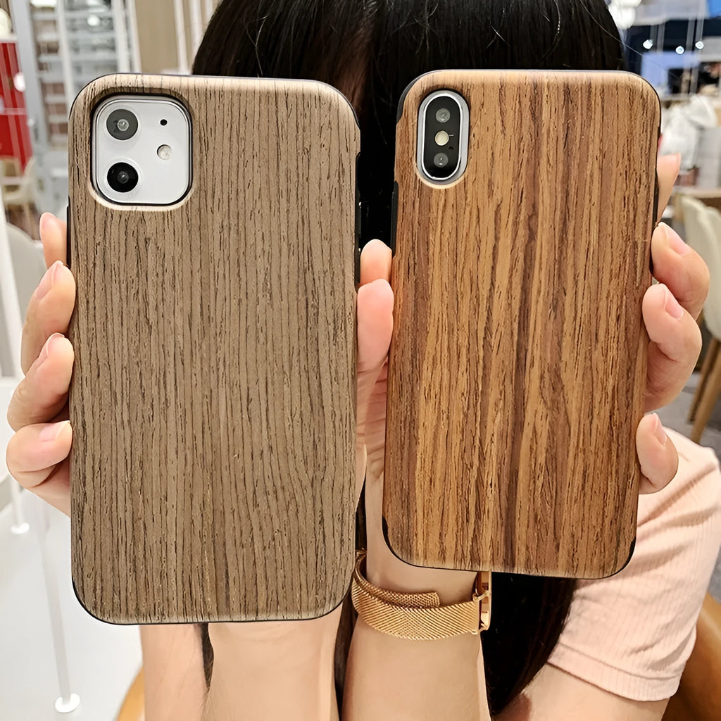 Wooden iPhone back cover case shown in rosewood, teak, black rose, and walnut colour options.