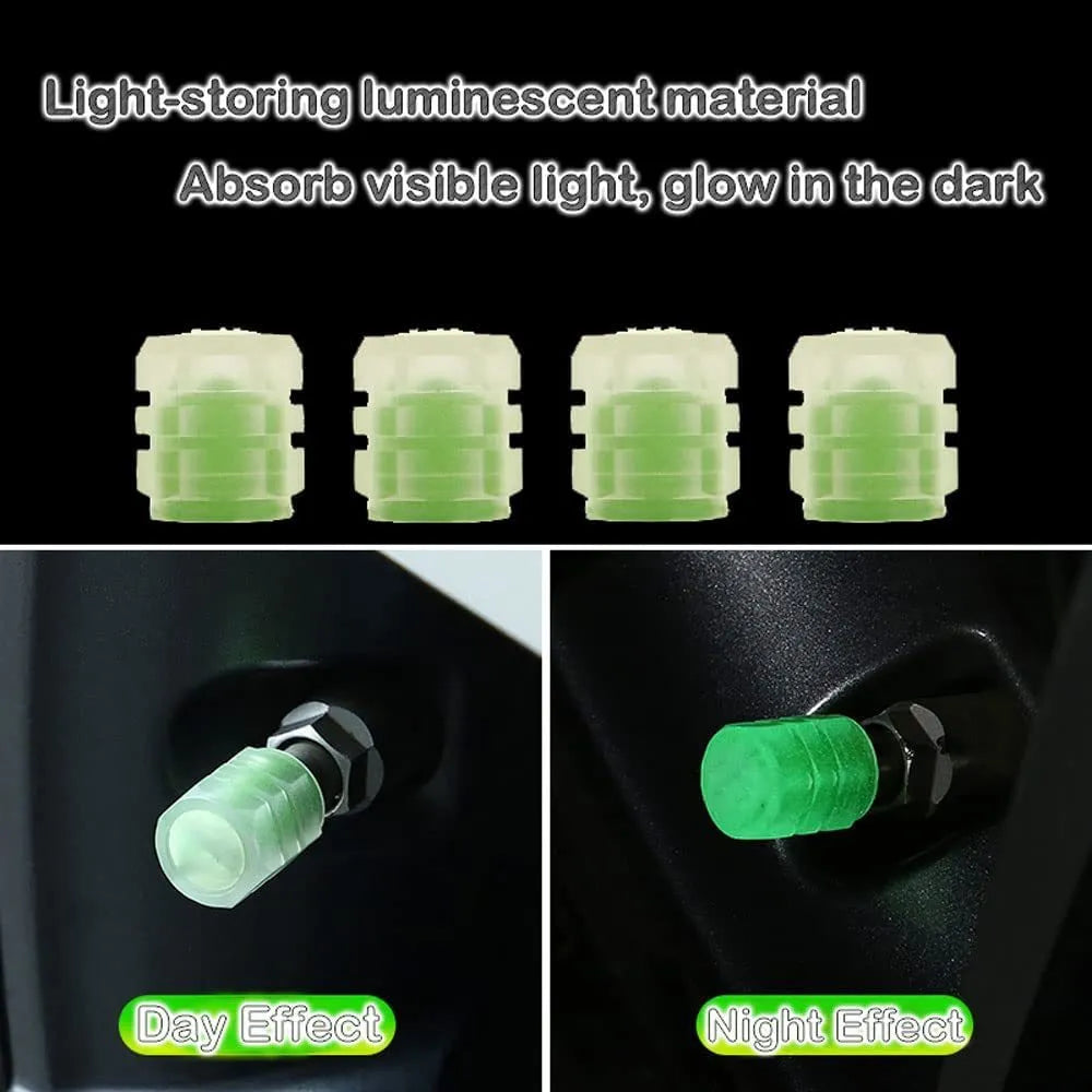 Set of four glowing green LED tyre valve caps screwed onto a car wheel valve stems at night.