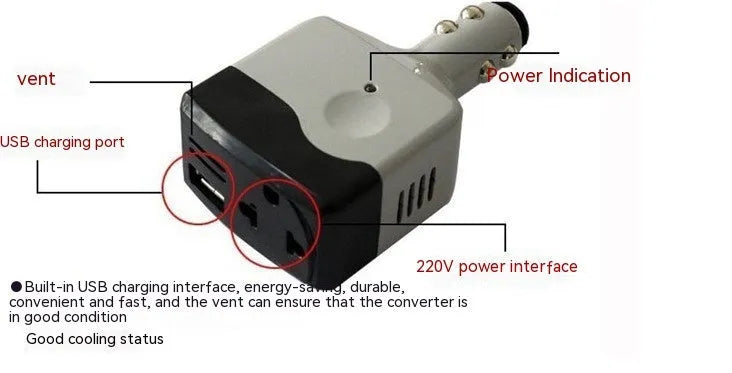 Car transformer power supply with cigarette lighter plug and USB output for mobile charging