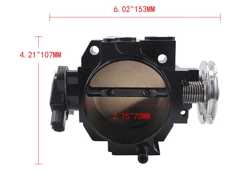 Aluminium throttle body for Honda K20A engine, showing 70mm diameter and black/silver finish options.
