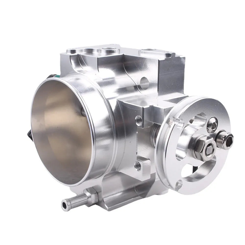 Aluminium throttle body for Honda K20A engine, showing 70mm diameter and black/silver finish options.