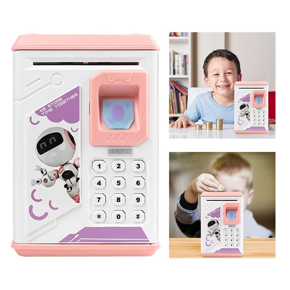 Electronic piggy bank in blue with fingerprint scanner and ATM-style front panel on white background