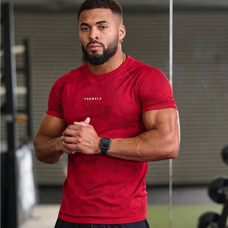 Men's camouflage sports t-shirt in milk silk fabric, front view, available in multiple colours