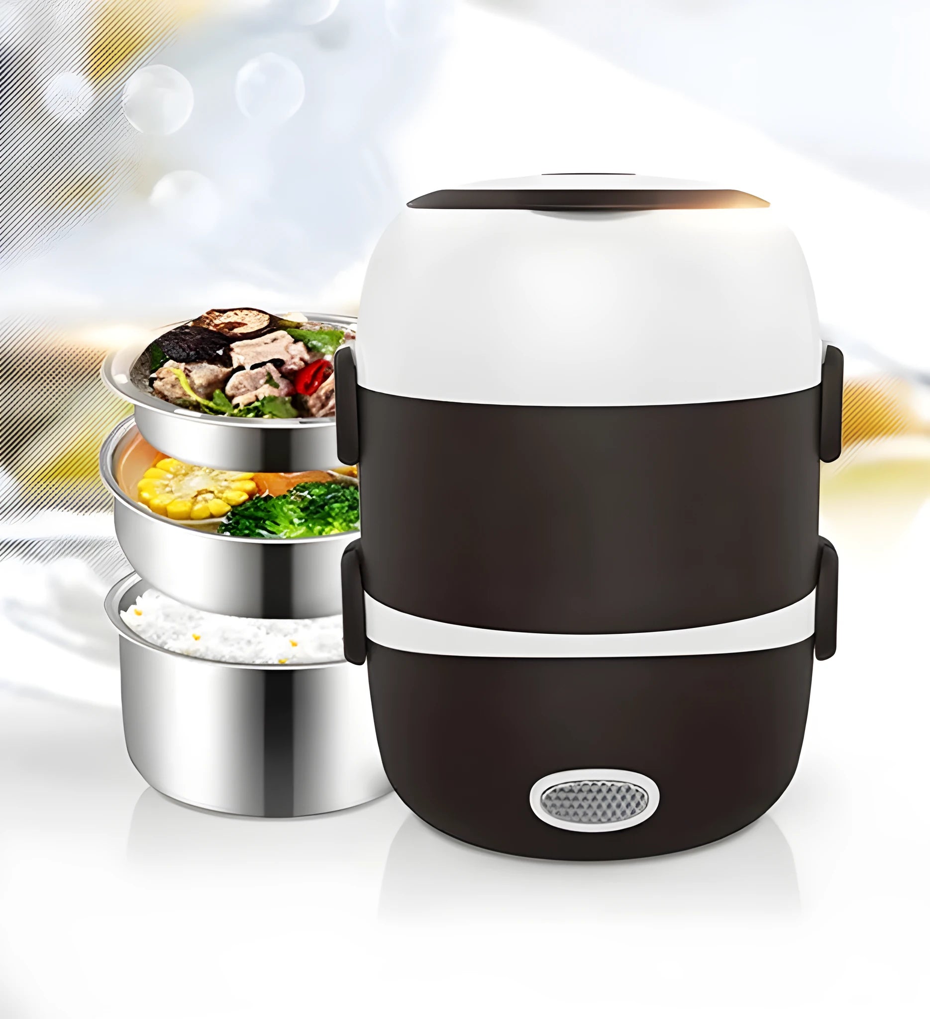 Electric lunch box with USB power port showing two-layer design measuring 190mm