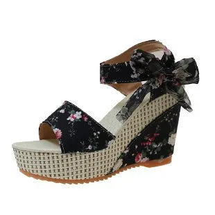Wedge peep toe sandals for women with ankle-strap buckle, cloth upper, available in floral colours sizes 35-42.