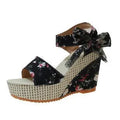 Wedge peep toe sandals for women with ankle-strap buckle, cloth upper, available in floral colours sizes 35-42.