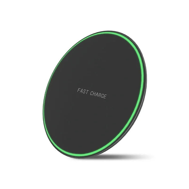 Ultra-thin round wireless charger in white with Type-C port, 15W fast charging desktop pad