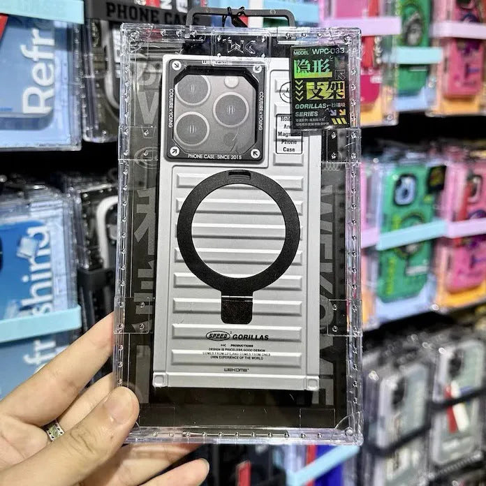 Square magnetic bracket phone case with kickstand for iPhone 15 in silver white