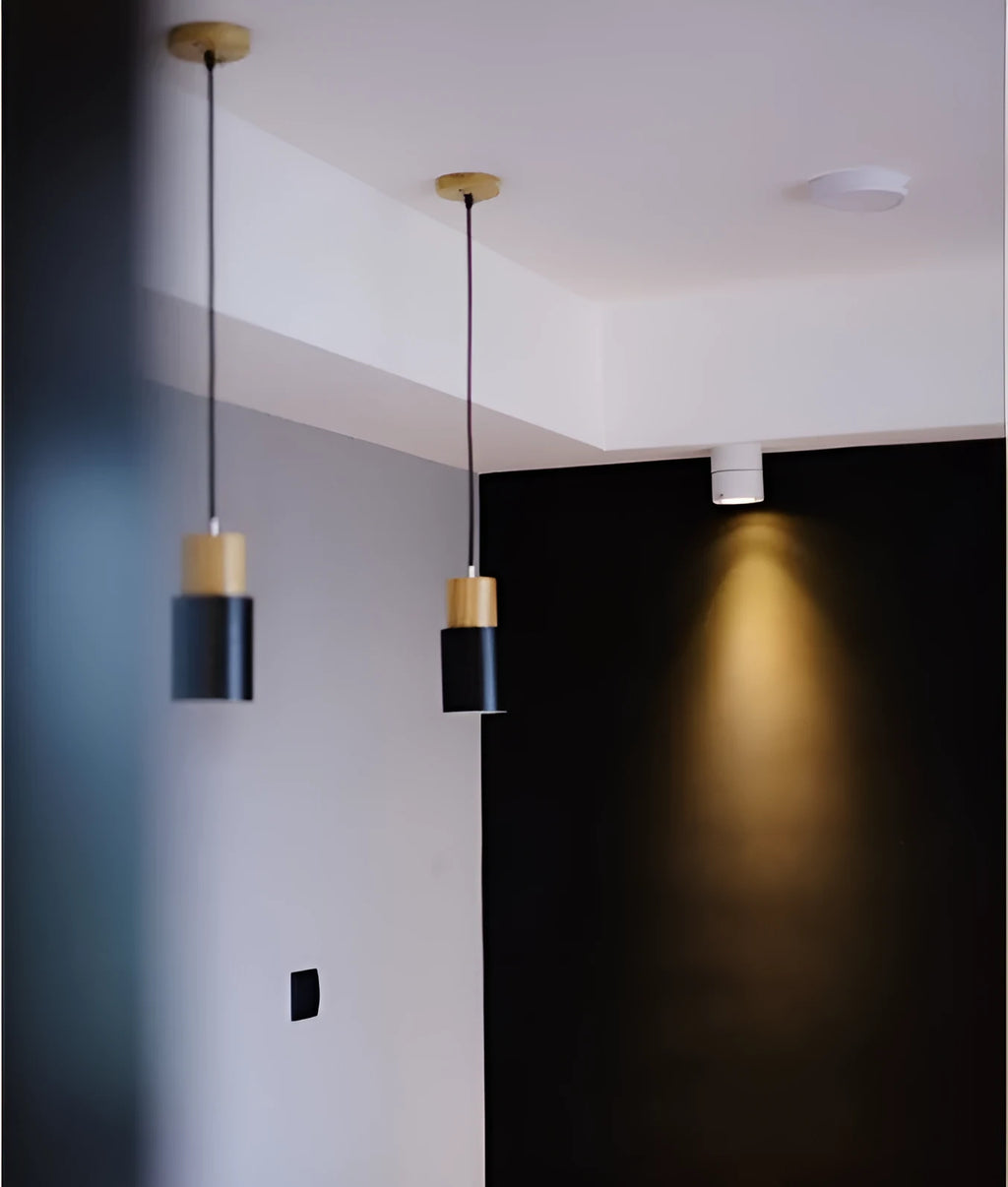 Solid wood and iron Nordic pendant light, 10x10x18cm, in black, five colour options available
