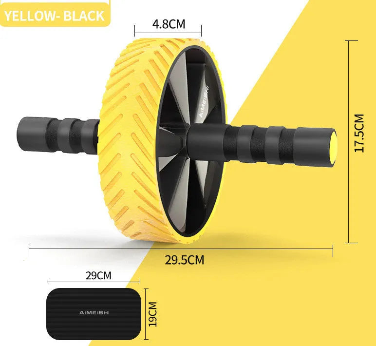 Exercise belly roller abdominal wheel with 17.5cm diameter, steel frame, and two gloves in black