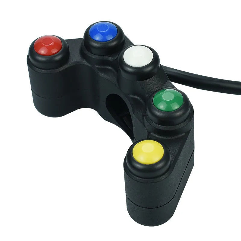 Plastic five-position vehicle electrical switch with red, yellow, blue, green and white buttons