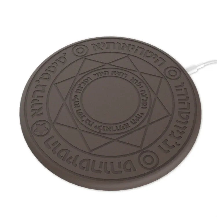 Square black 10W fast wireless charging pad with glowing magic array pattern for Qi phones.