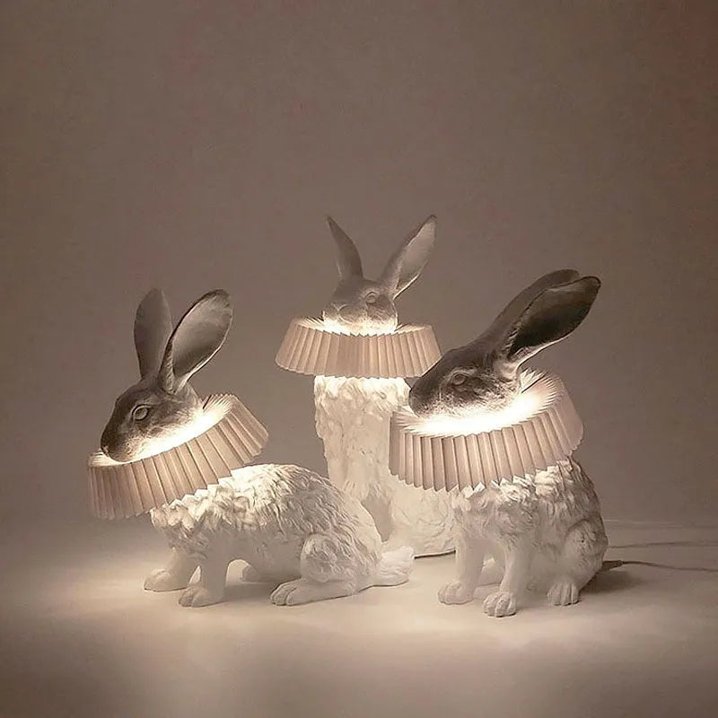 Custom graphic rabbit table lamp in standing posture with international plug options for bedroom lighting