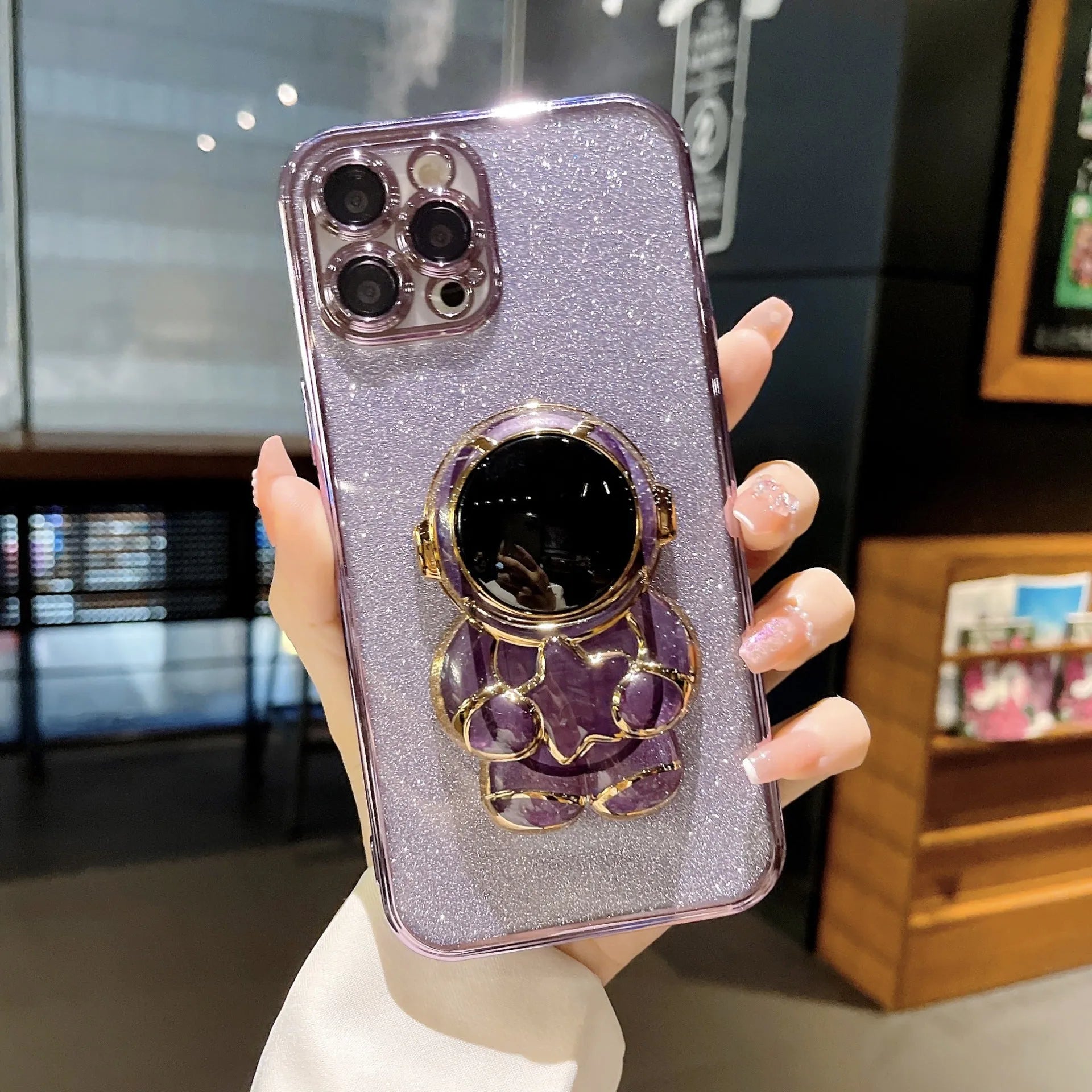 Astronaut glitter TPU phone case with bracket for iPhone 13 Pro Max, dark purple colour