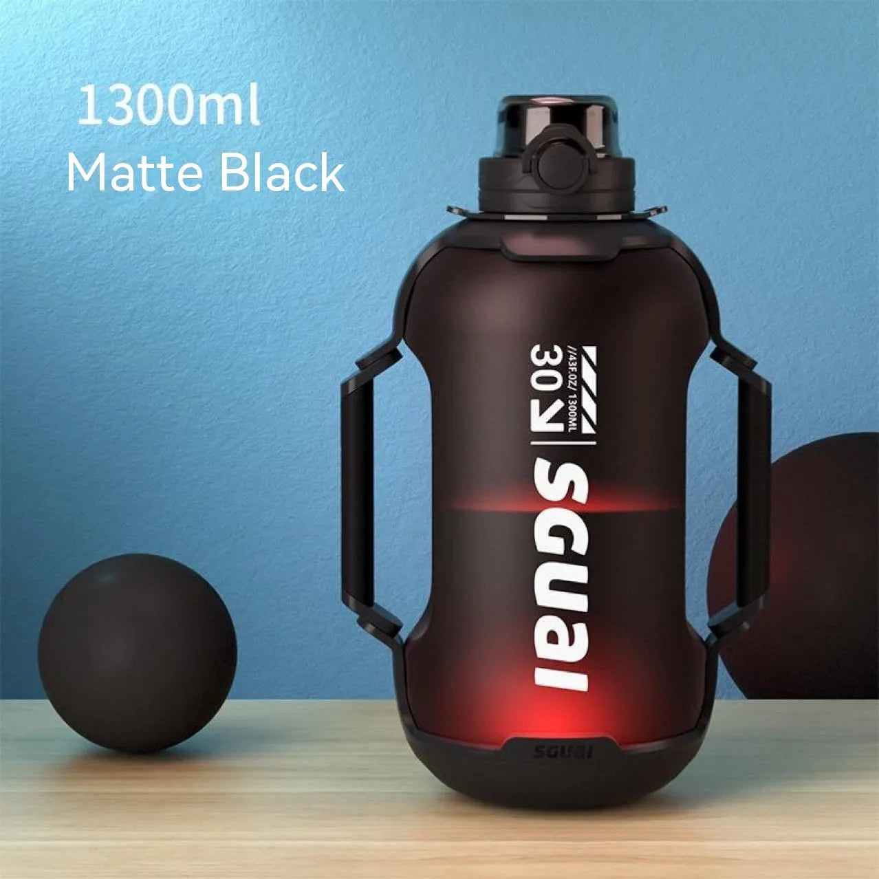 Smart Sports Bottle T30 matte black with wireless charging coaster, 1300ml capacity, IPX6 waterproof, compact gym bottle