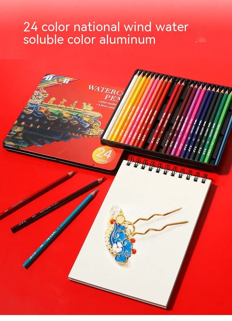Water-soluble coloured pencil set with 24 colours, brush and iron storage box for artistic drawing and painting