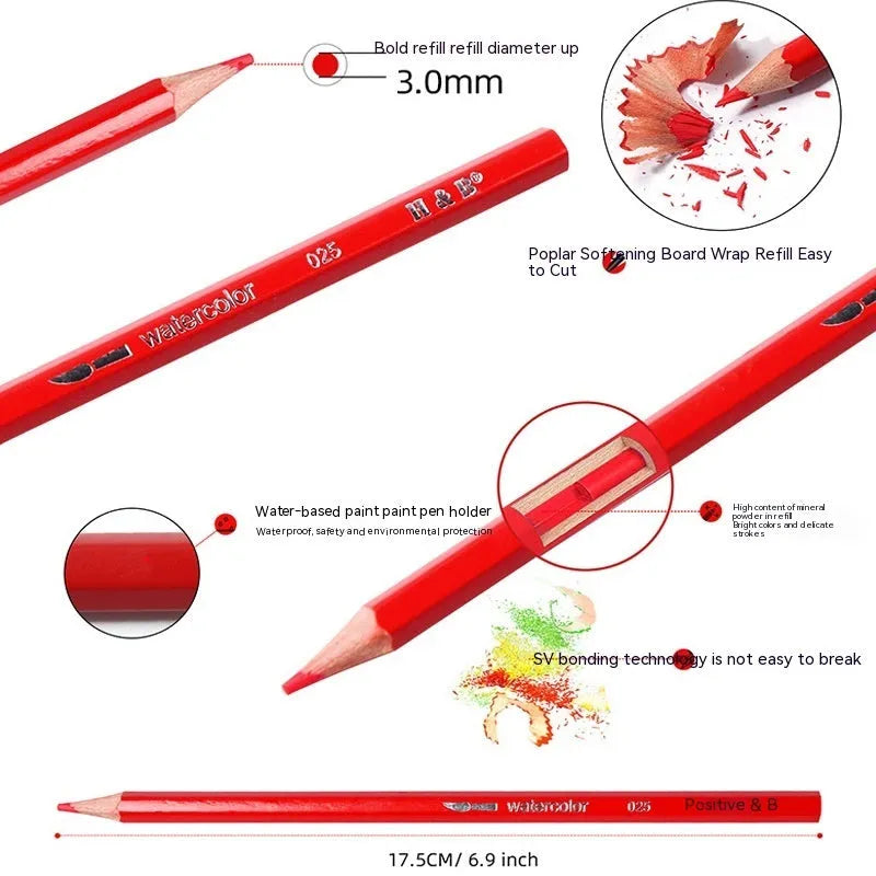 Water-soluble coloured pencil set with 24 colours, brush and iron storage box for artistic drawing and painting