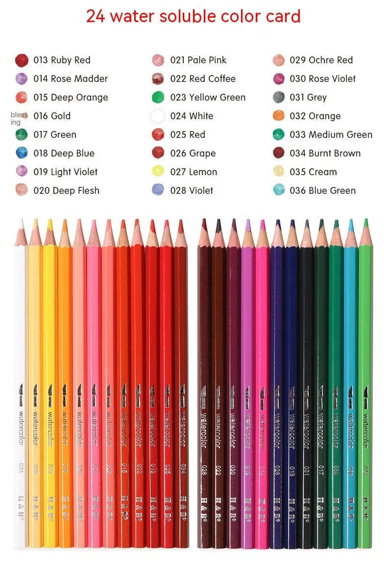 Water-soluble coloured pencil set with 24 colours, brush and iron storage box for artistic drawing and painting