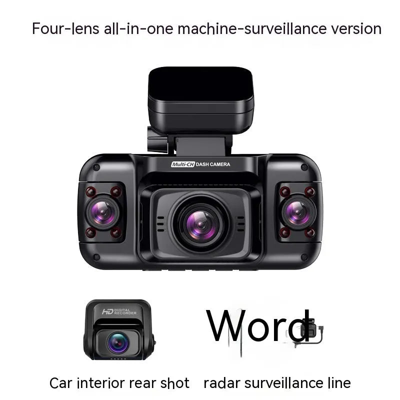 Black four-lens car dash cam with 2-inch screen mounted on a car windscreen.