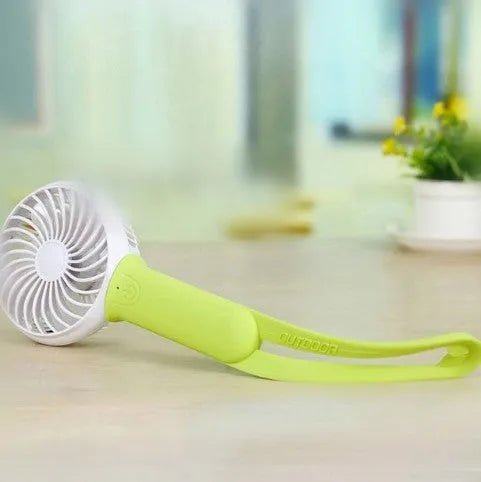 Blue mini USB rechargeable hand fan with LED light showing 200mm blades and adjustable speed controls.