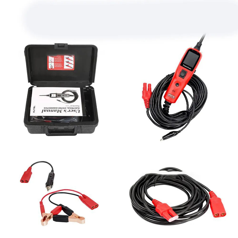 Autel PowerScan PS100 circuit tester with 20-foot cable and built-in flashlight on a car battery