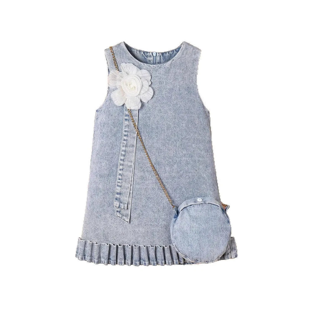 Girl's sleeveless 3D floral denim dress in blue cotton, suitable for height sizes 4Y 5Y 6Y 7Y