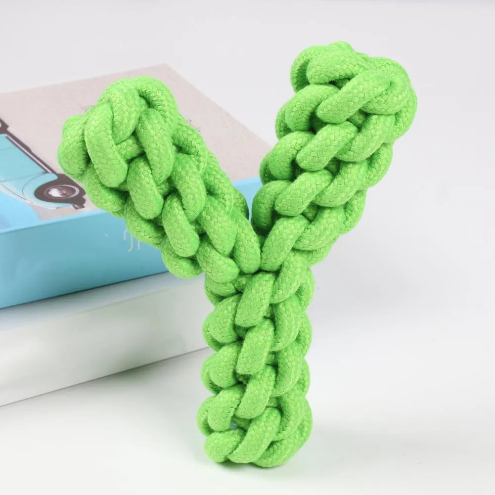 Blue Y-shaped cotton rope dog toy for large breeds on a wooden floor.