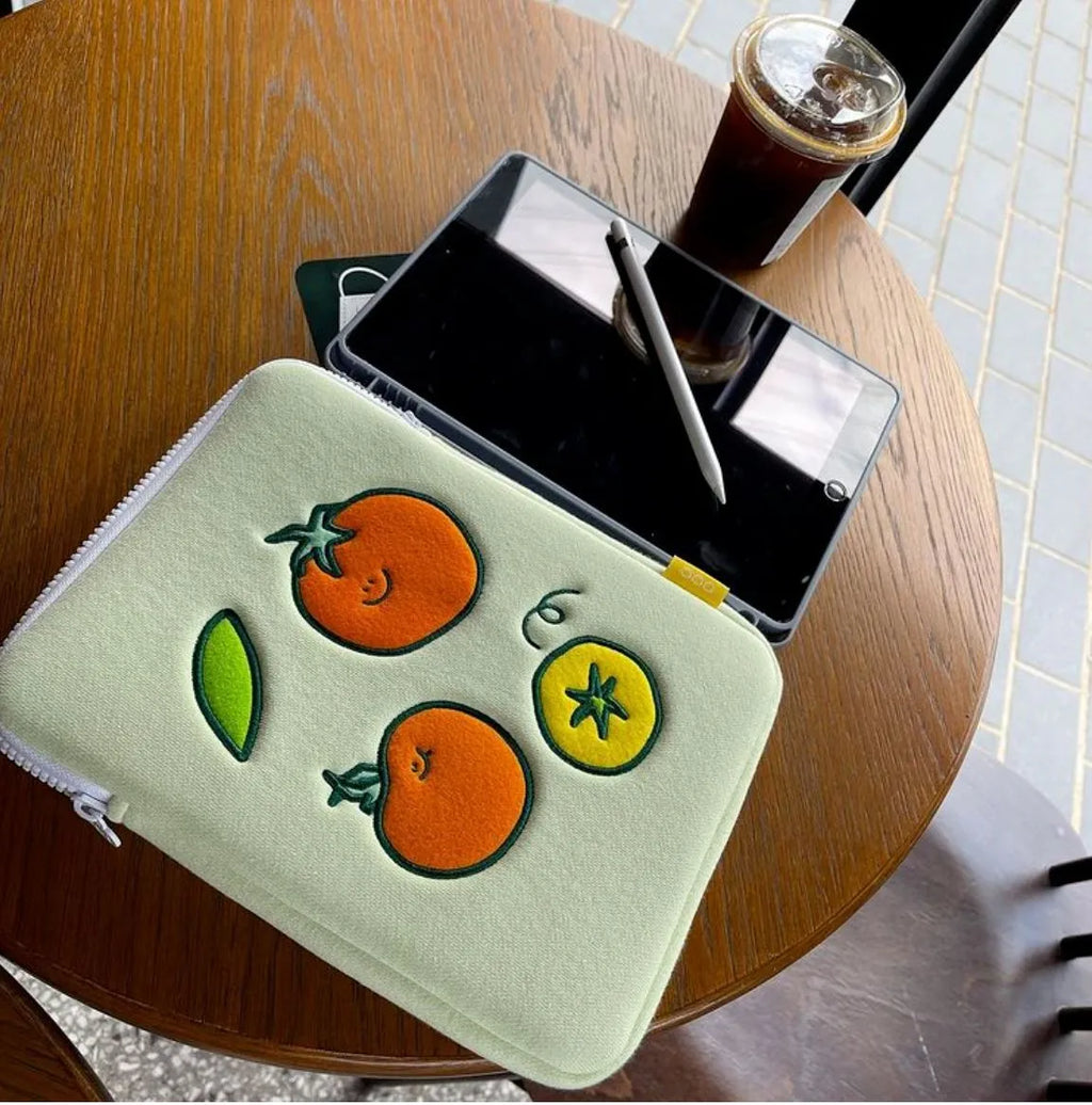Tomato-coloured cotton cloth tablet inner bag with embroidered tomato design, for 11 inch and 15 to 15.6 inch devices