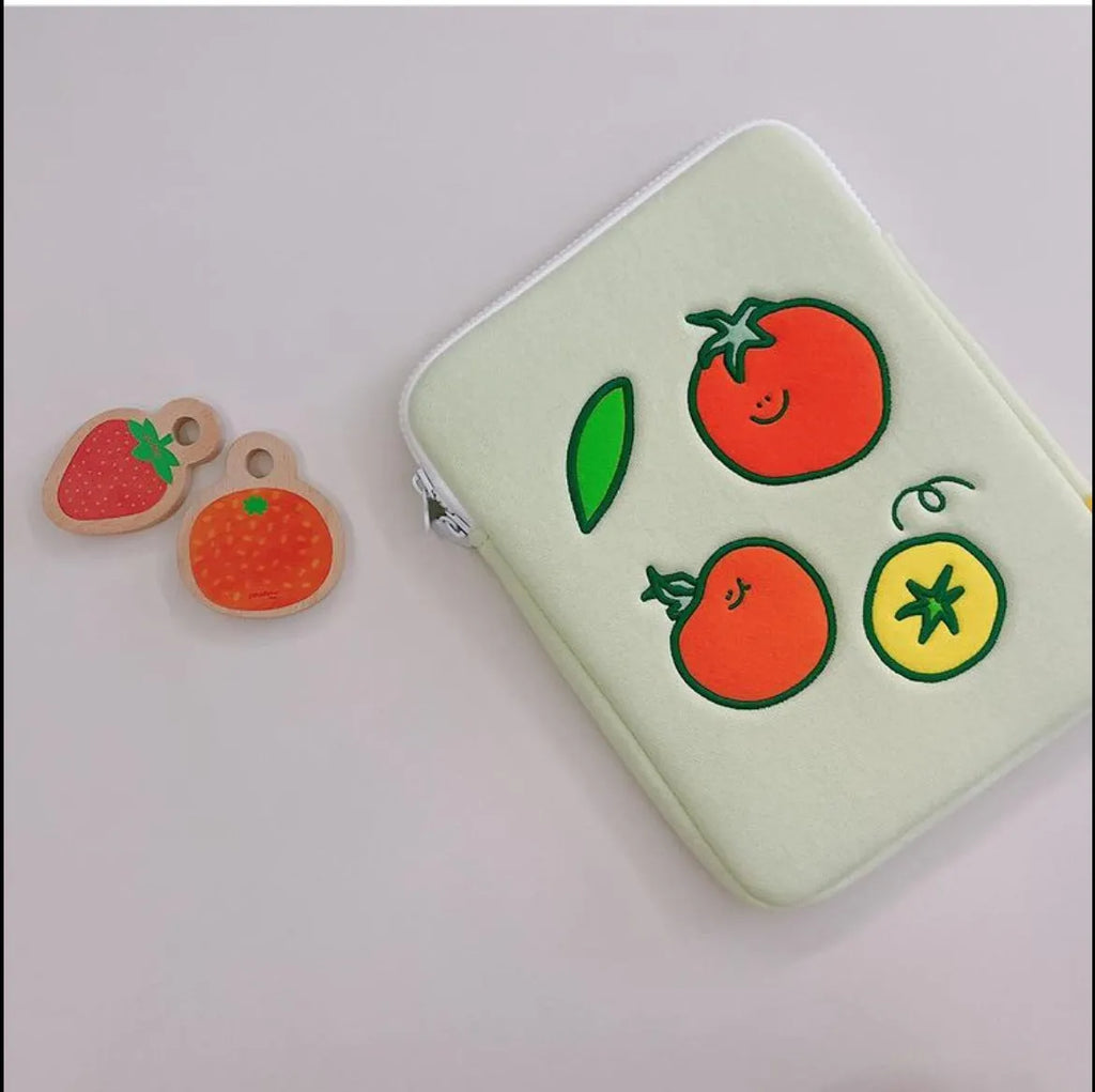 Tomato-coloured cotton cloth tablet inner bag with embroidered tomato design, for 11 inch and 15 to 15.6 inch devices