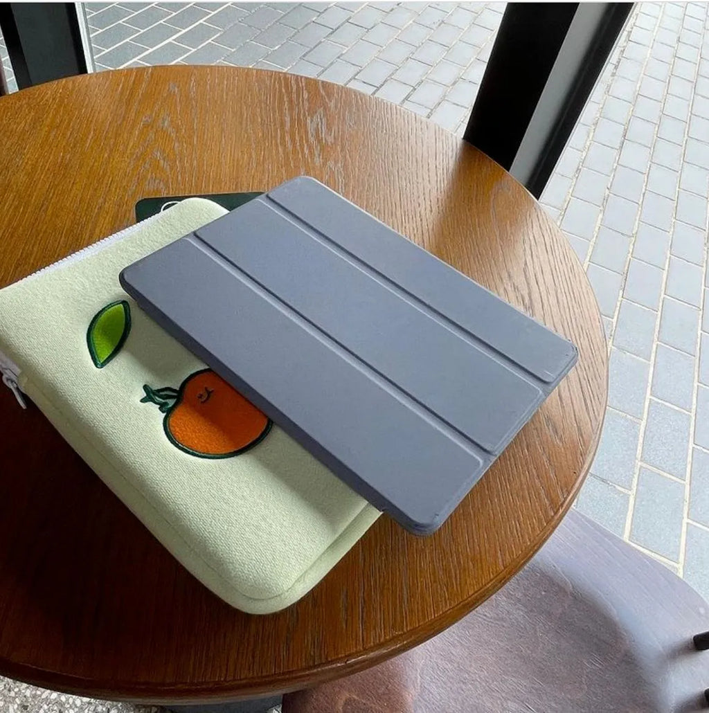 Tomato-coloured cotton cloth tablet inner bag with embroidered tomato design, for 11 inch and 15 to 15.6 inch devices