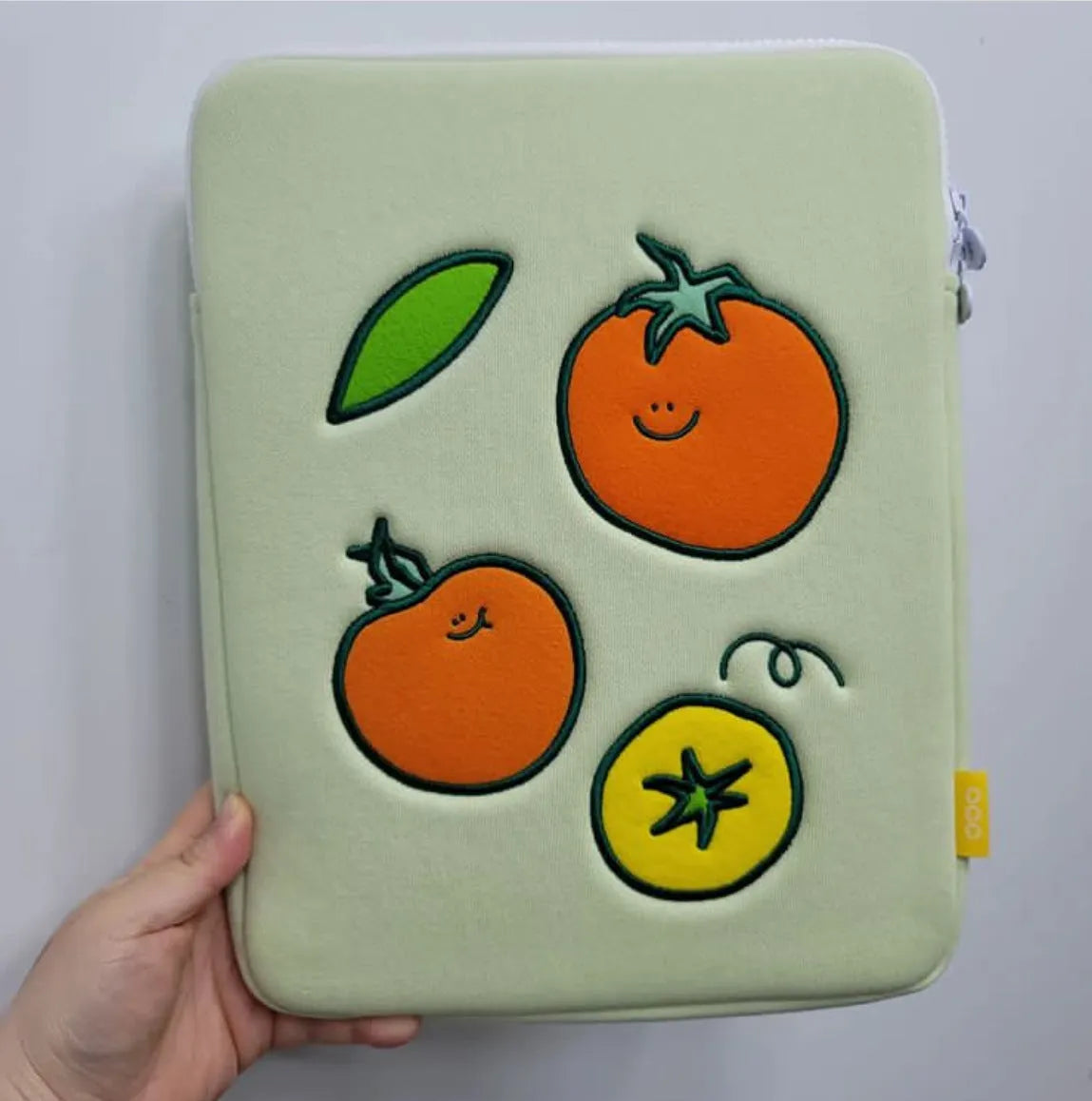 Tomato-coloured cotton cloth tablet inner bag with embroidered tomato design, for 11 inch and 15 to 15.6 inch devices