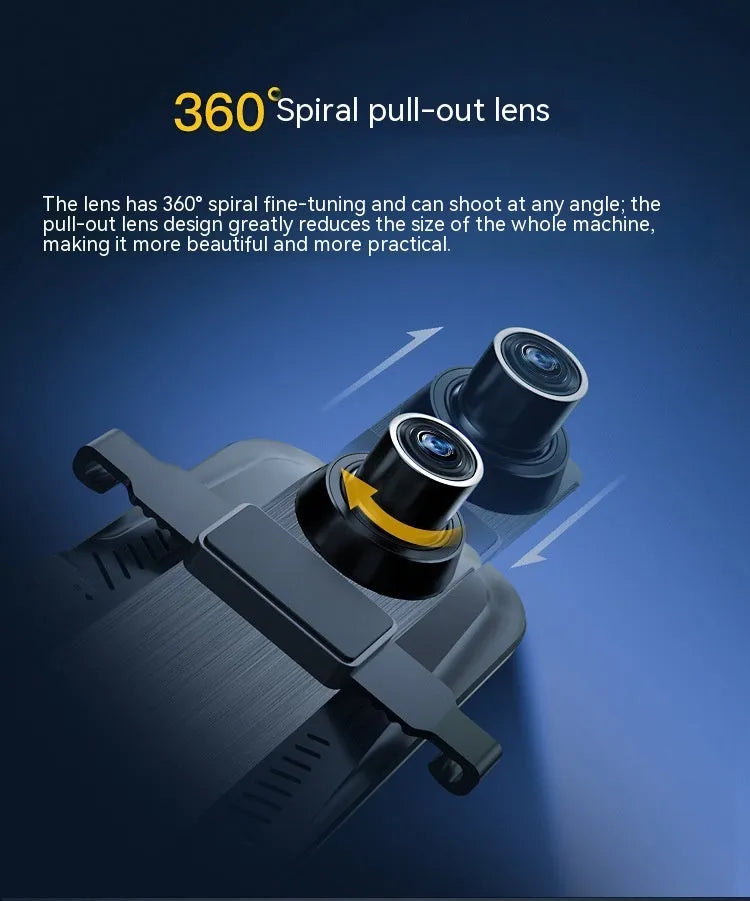 Black rearview mirror dash cam with 10-inch touch screen display, shown with car charger and mounting bracket.