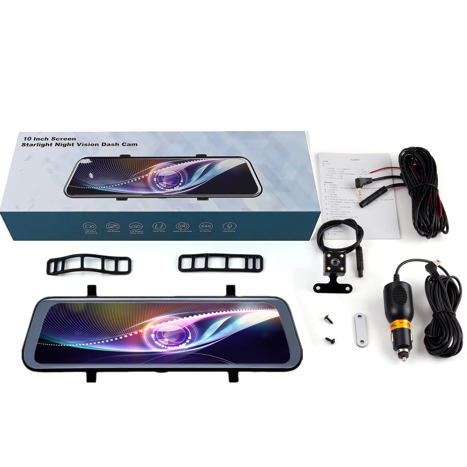 Black rearview mirror dash cam with 10-inch touch screen display, shown with car charger and mounting bracket.