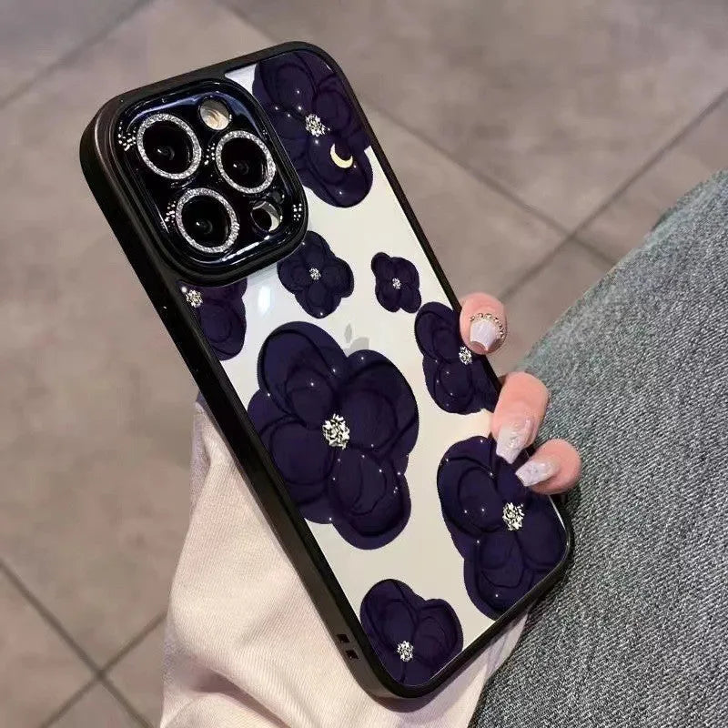 Dark purple camellia phone case with rhinestone lens protector for Apple iPhone