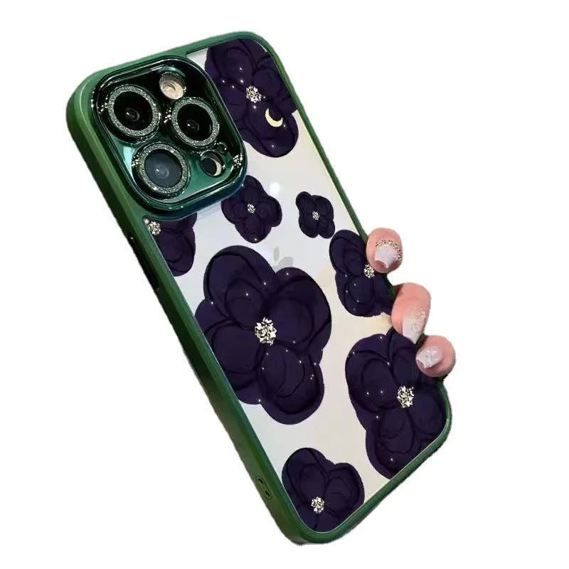 Dark purple camellia phone case with rhinestone lens protector for Apple iPhone
