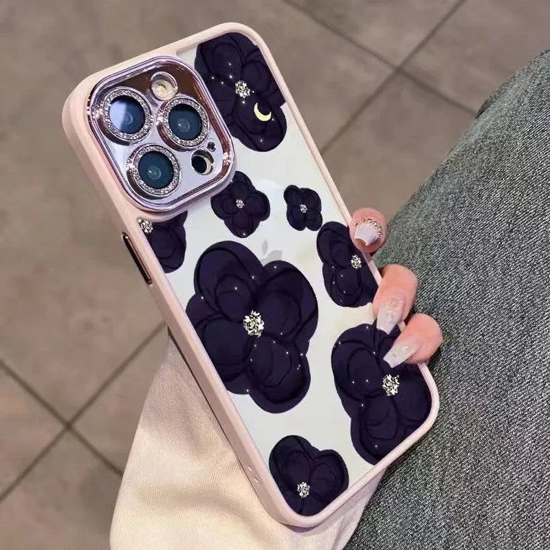 Dark purple camellia phone case with rhinestone lens protector for Apple iPhone