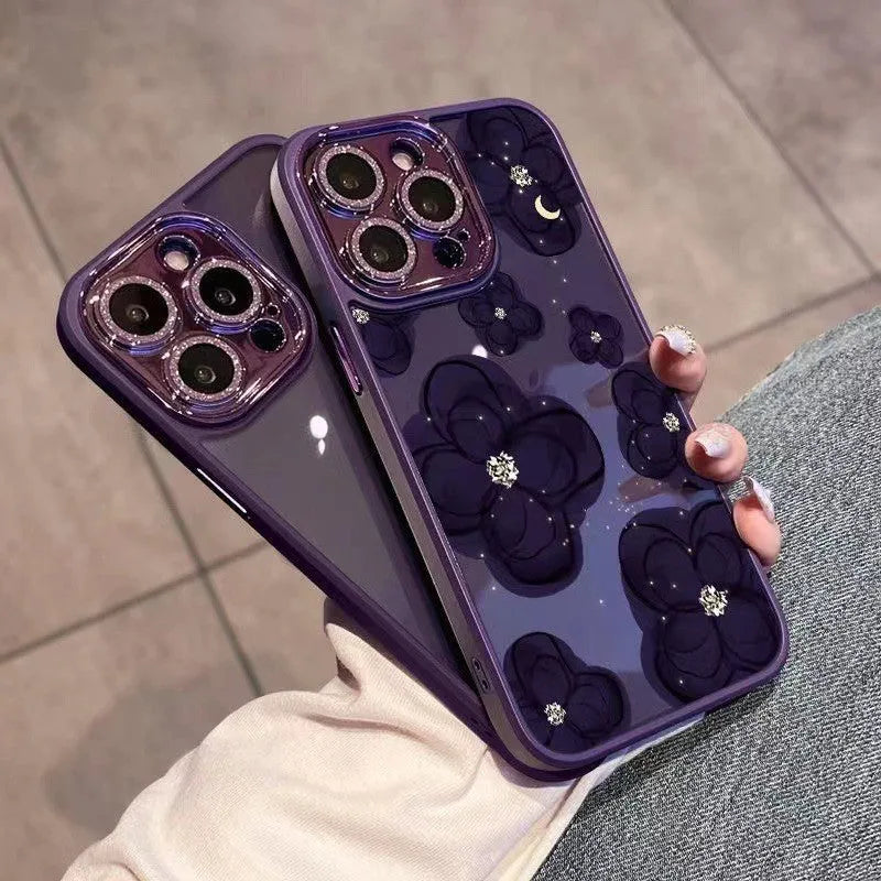 Dark purple camellia phone case with rhinestone lens protector for Apple iPhone