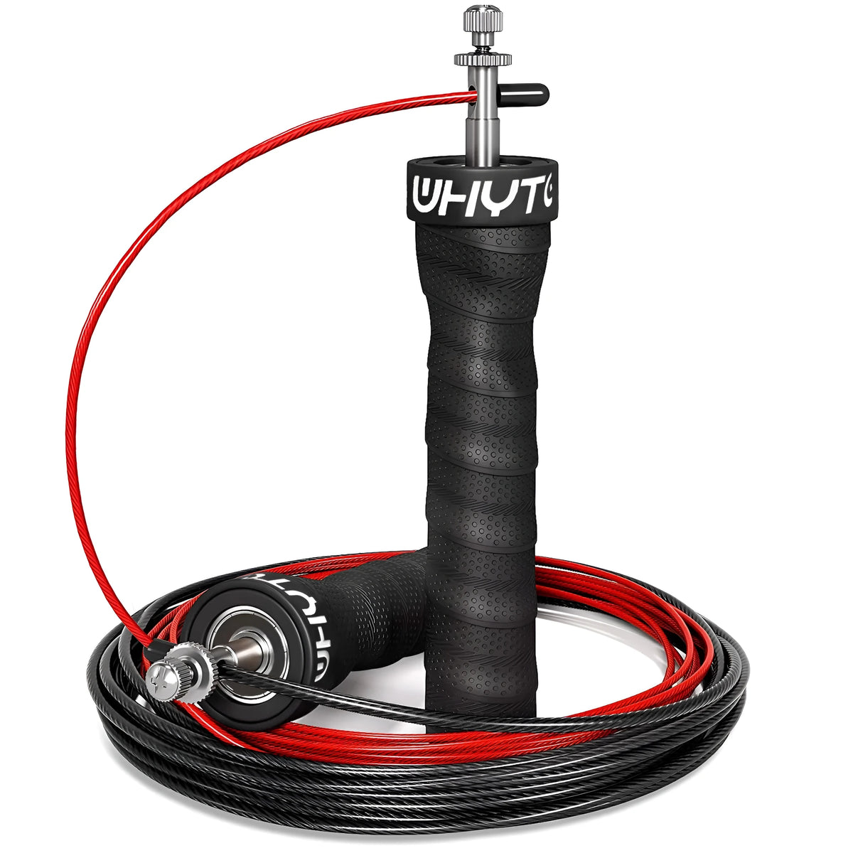 Jump rope for fitness with black PP handle, PU sweat band, and 3m PVC rope on gym floor