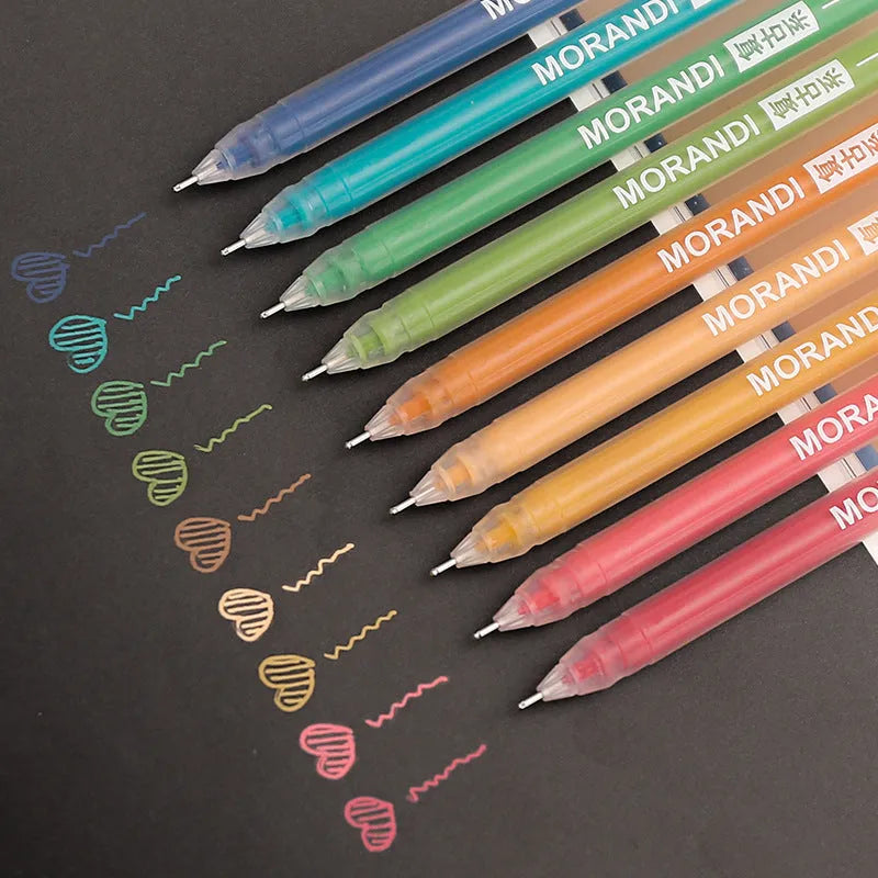 Set of nine colourful 0.5mm needle tip gel pens arranged in a box, showing Nordic, Retro, Salt, and Sweet series options.