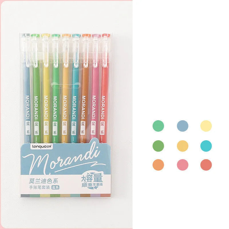 Set of nine colourful 0.5mm needle tip gel pens arranged in a box, showing Nordic, Retro, Salt, and Sweet series options.