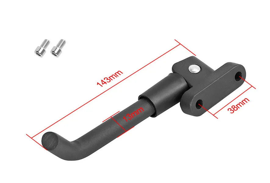Aluminium alloy electric scooter foot brace accessory in black, white, and grey colours with screws and hex wrench.