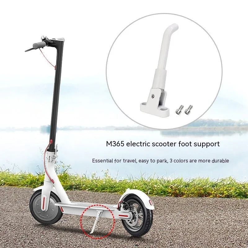 Aluminium alloy electric scooter foot brace accessory in black, white, and grey colours with screws and hex wrench.