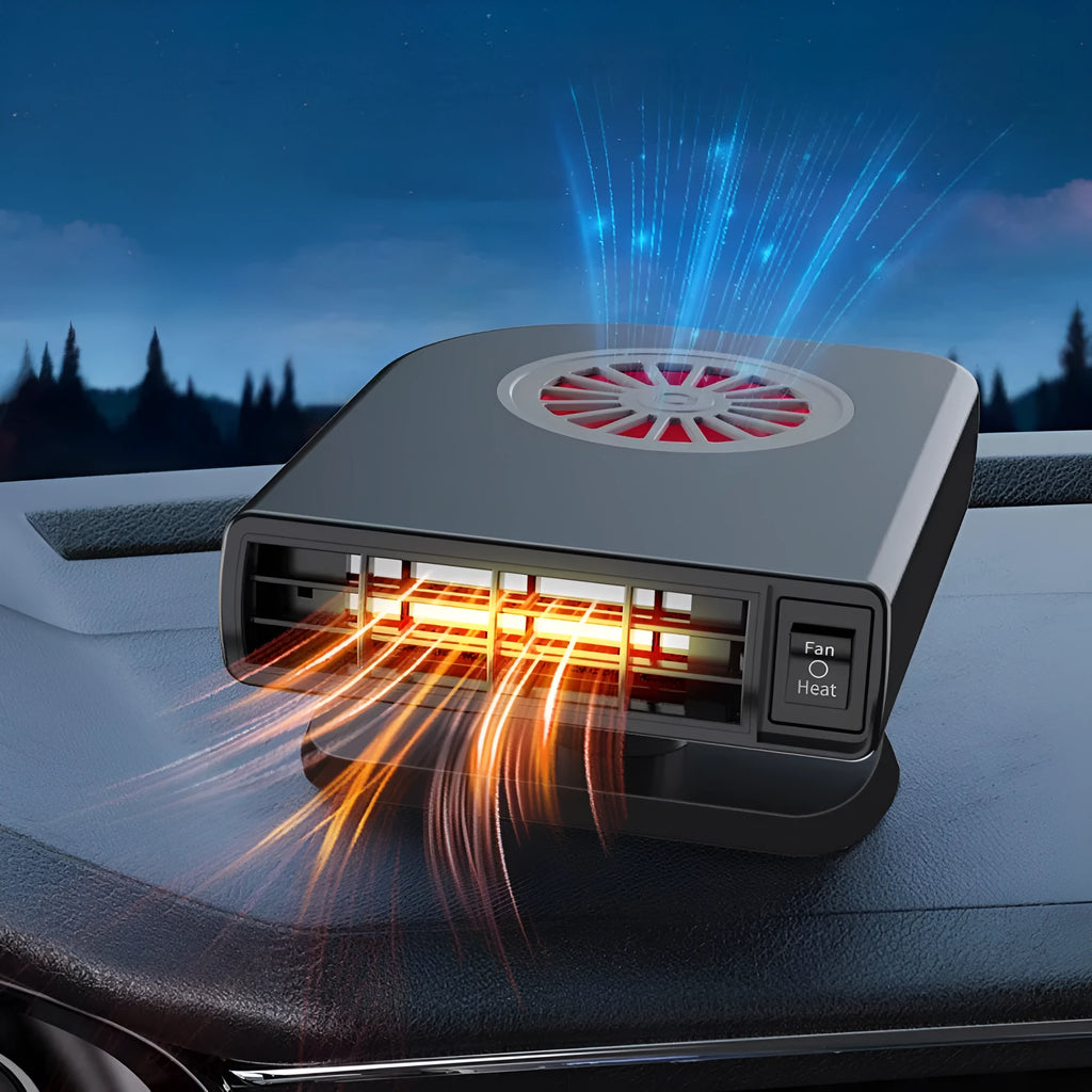 Compact black ABS plastic vehicle-mounted heater with adjustable vents on a car dashboard.