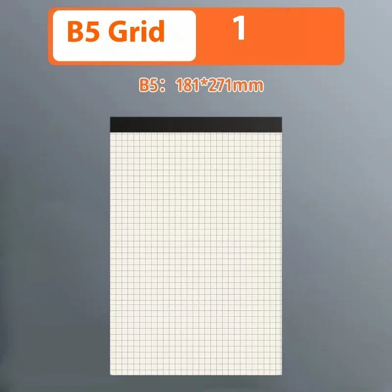 Set of A5, B5 and A4 writing pads showing blank, grid and horizontal line page styles.