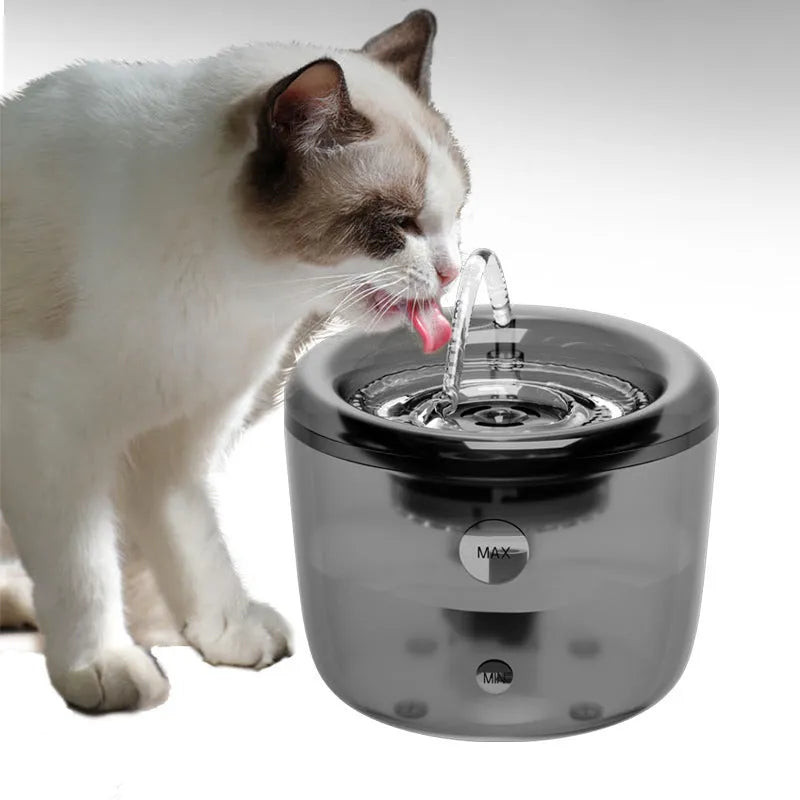 Grey automatic pet water fountain with circulating filter and USB cable