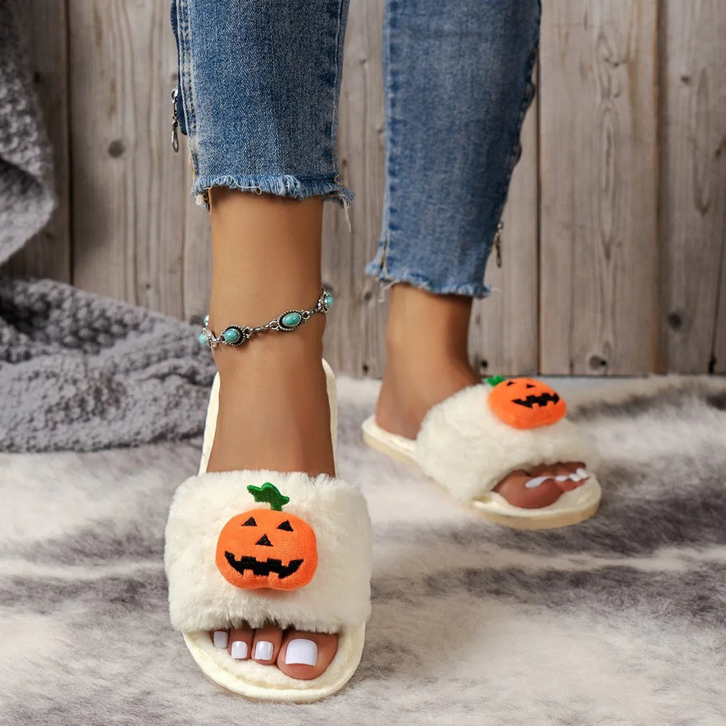 Halloween pumpkin cartoon plush slippers with synthetic fur upper and PVC soles