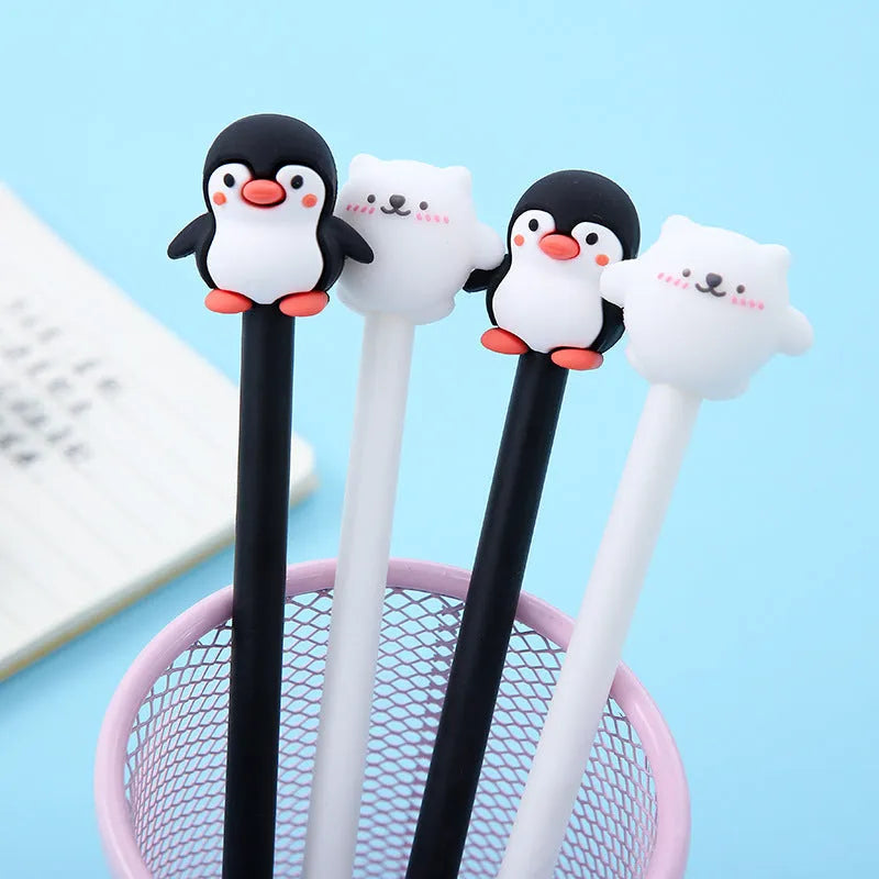 Korean cartoon penguin gel pen with silicone grip and 0.5mm tip in black and blue options