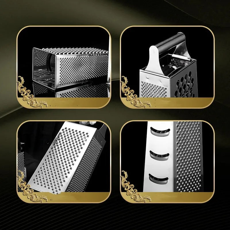 Multifunctional stainless steel vertical grater with cylindrical handle and flat handle options for kitchen use