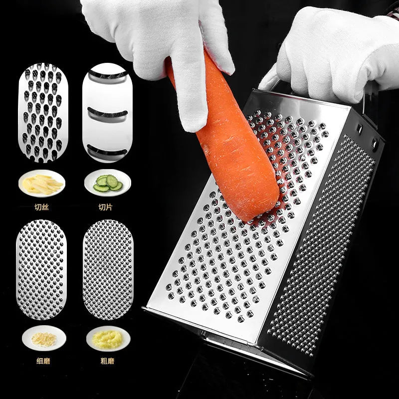 Multifunctional stainless steel vertical grater with cylindrical handle and flat handle options for kitchen use